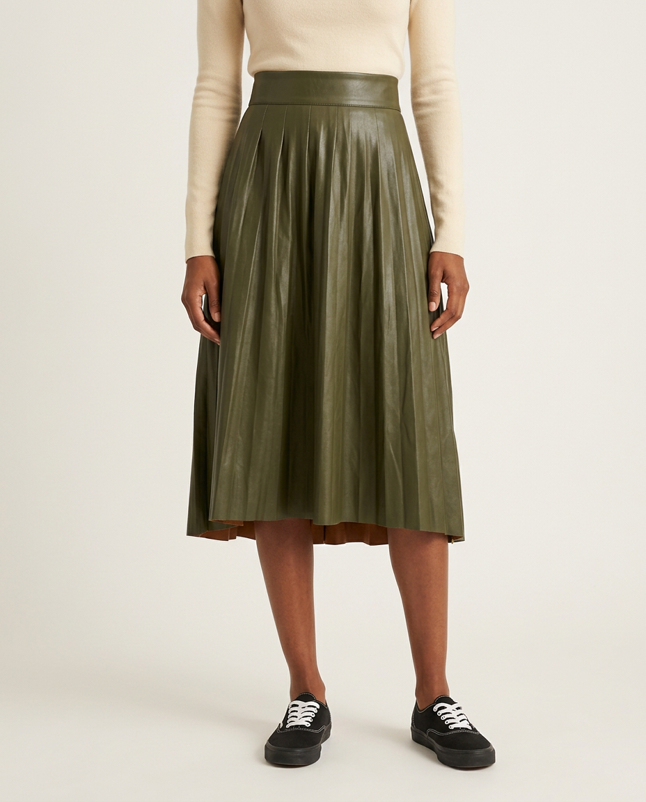 Olive Faux-Leather Pleated Skirt