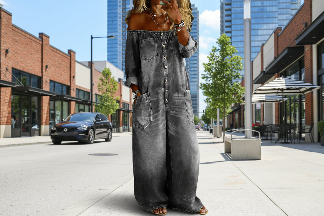 Women's Off-Shoulder Washed Faux Denim Strap Overalls Jumpsuit