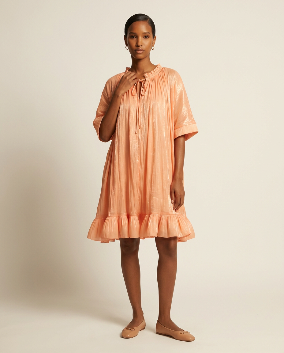 Apricot Plissé Ruffle-Hem Dress
