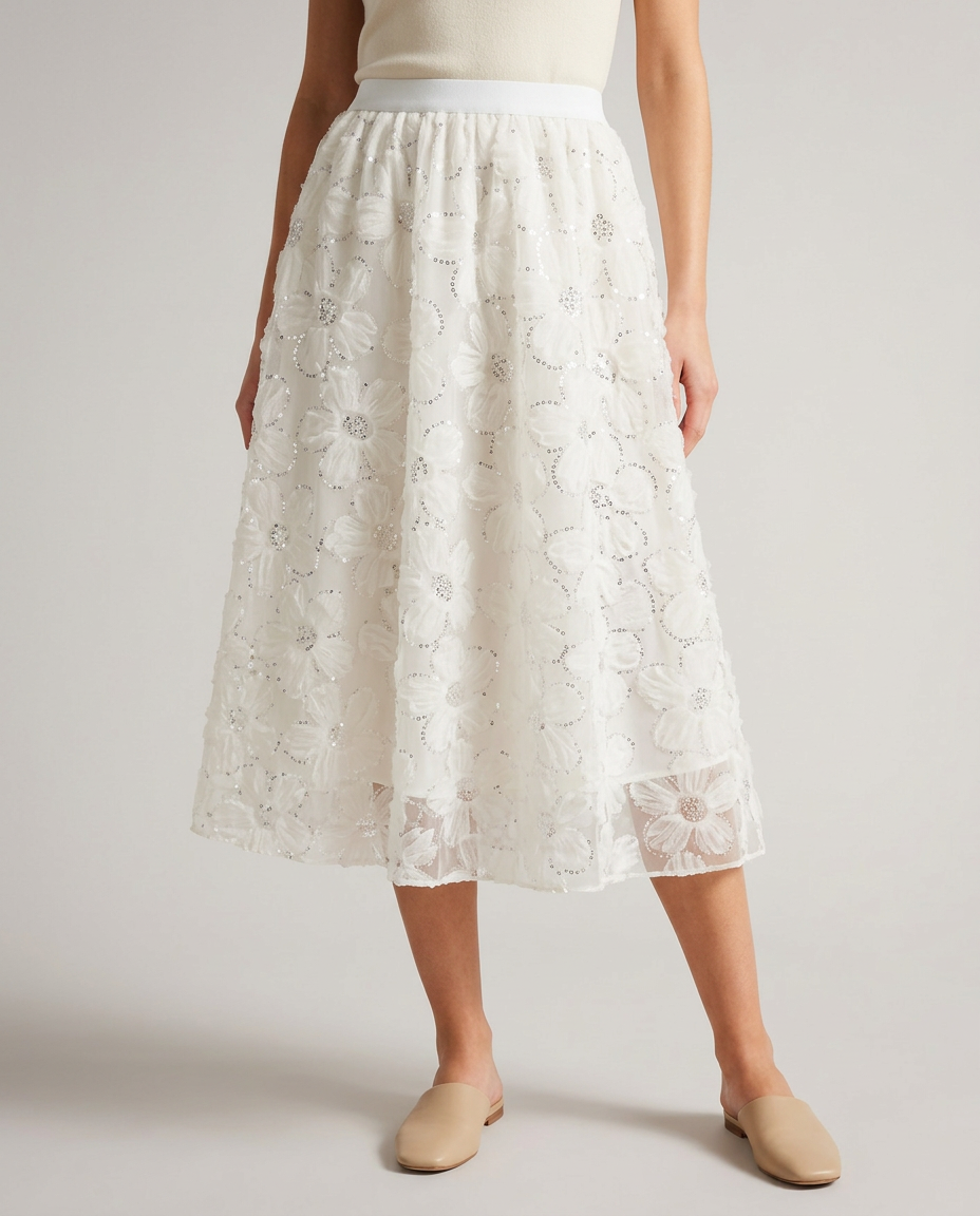 Ivory Floral Appliqué Midi Skirt