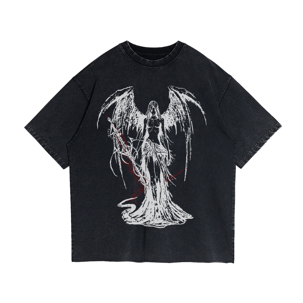 Fallen Angel Garment Dyed Streetwear Tee 260GSM Black Cotton With Faded Raw Hem
