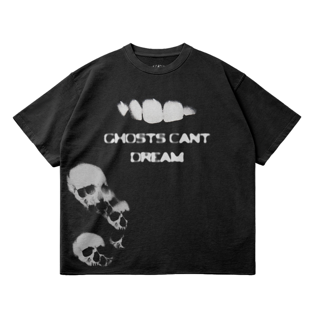 Ghosts Cant Dream Garment Dyed Streetwear Tee 260GSM Black Cotton With Faded Raw Hem