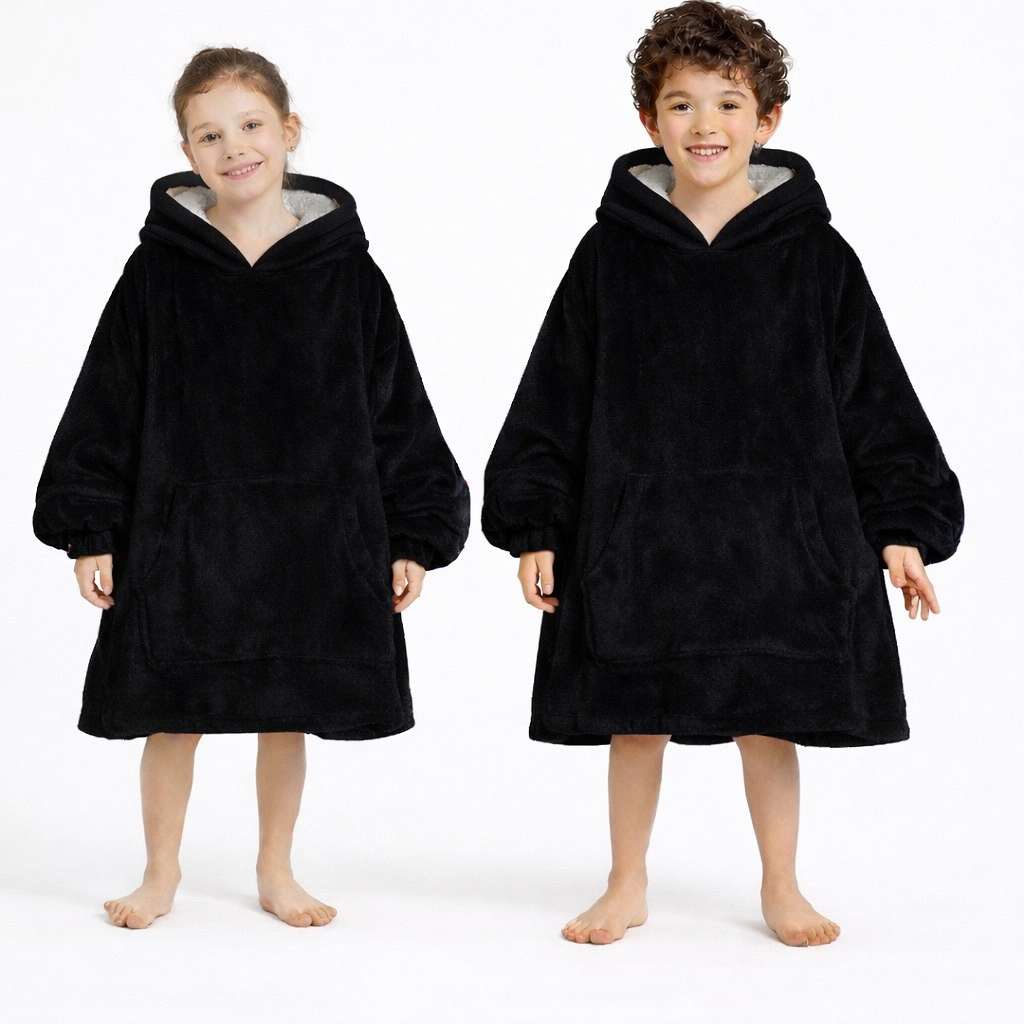 black Wearable Sherpa Blanket Hoodie oversize for Kids & Adults | OLM Toys