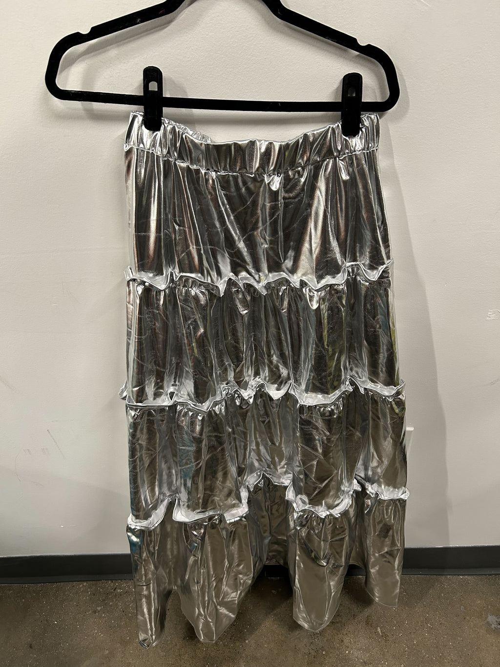 Liquid Silver Tiered Maxi Skirt