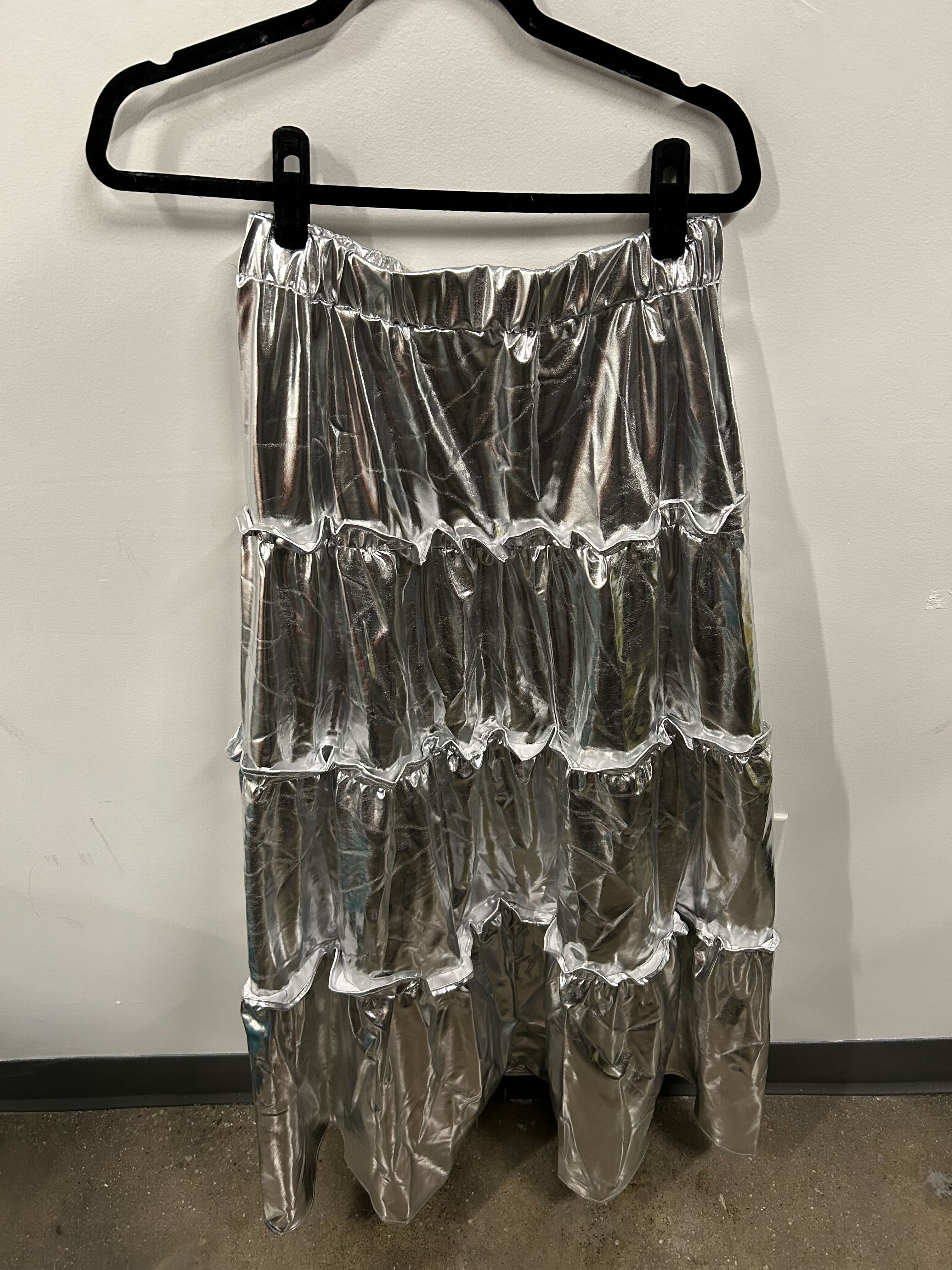 Liquid Silver Tiered Maxi Skirt