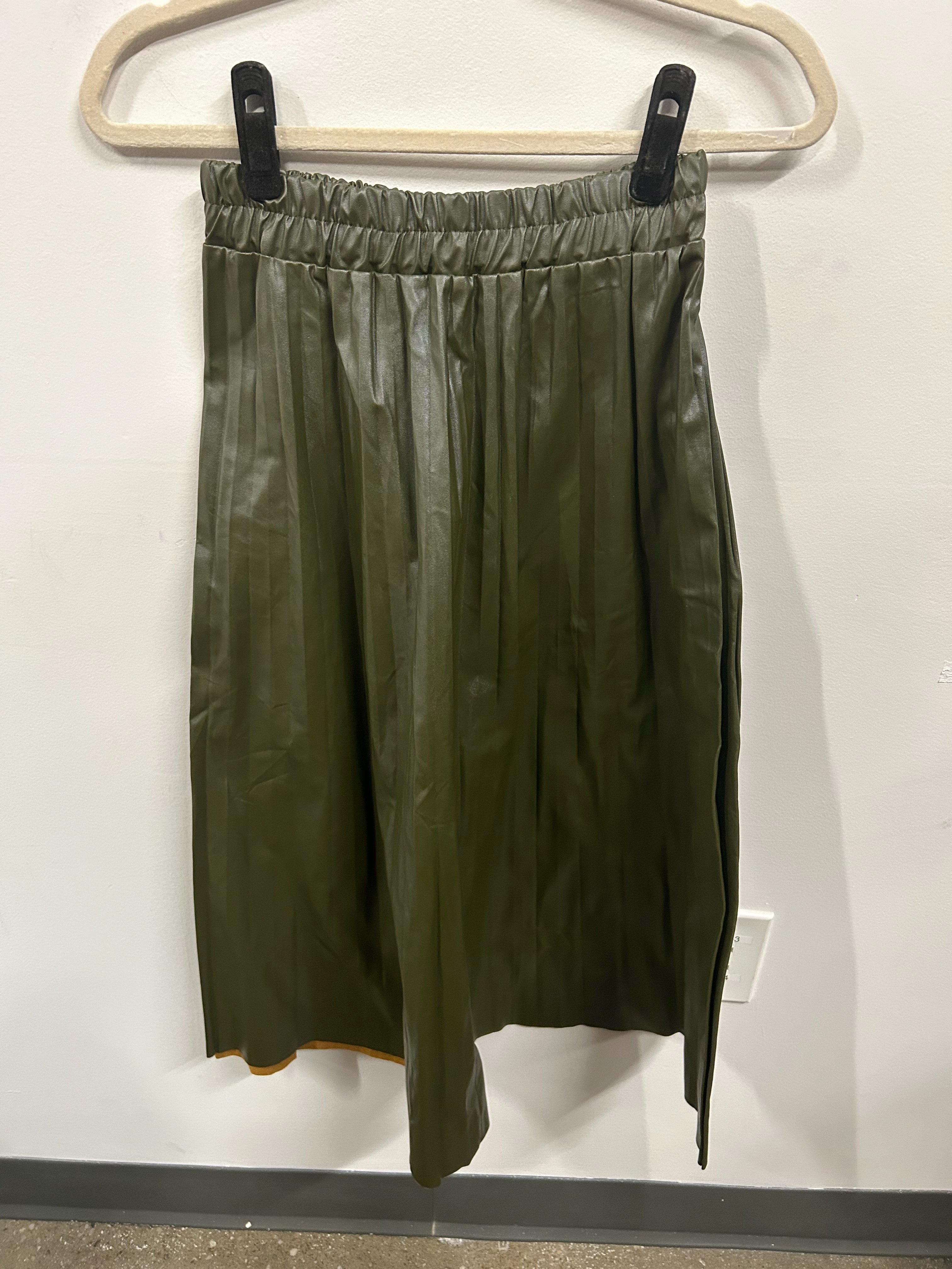 Olive Faux-Leather Pleated Skirt