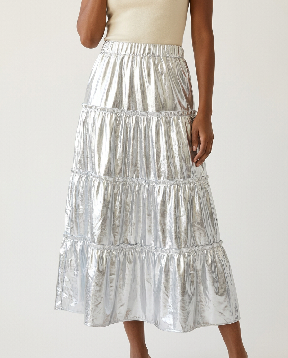 Liquid Silver Tiered Maxi Skirt