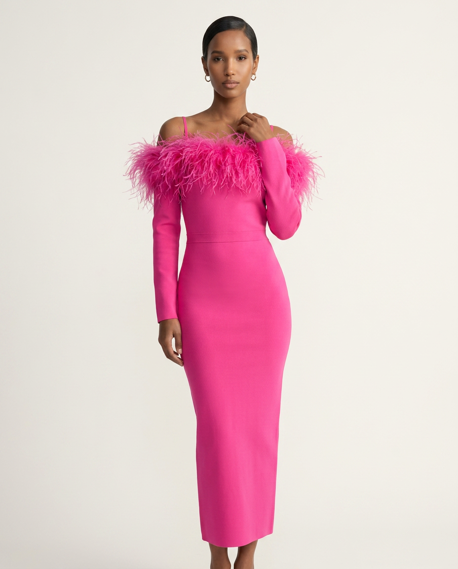 Hot Pink Feather-Trim Column Dress