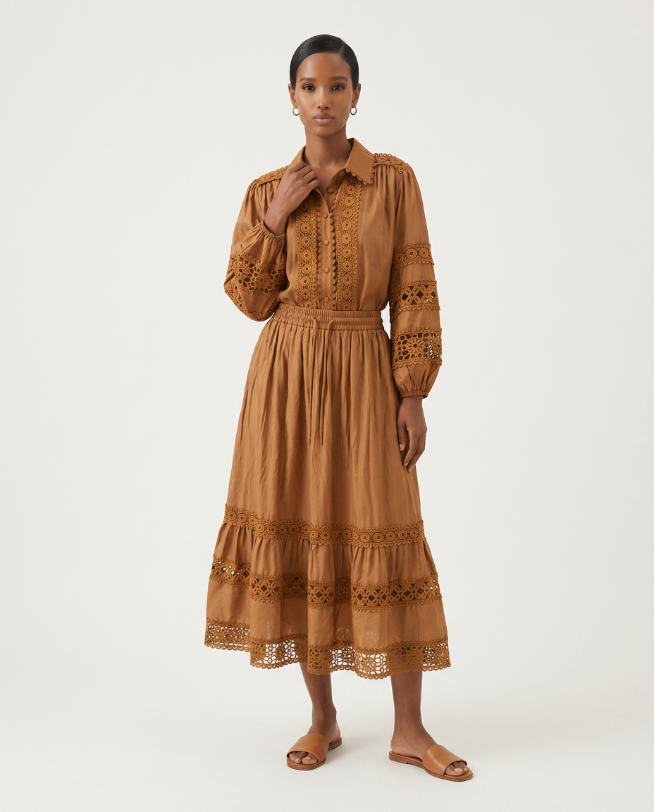 Caramel Crochet-Lace Skirt Set